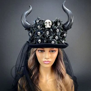 Widder Totenkopf Hörner Steampunk Kostüm Hut Kopfschmuck Zylinderhut Pest Arzt Blumen Bl - Bild 1 von 4