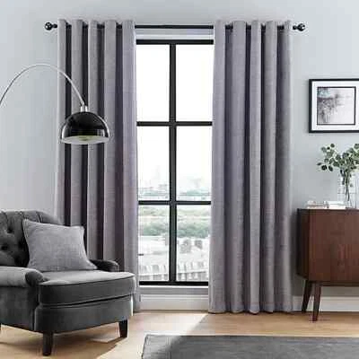 DUNELM Pair of AUBREY CHENILLE Lined Eyelet Curtains. Grey 228cm x 182cm drop  - Image 1 of 3