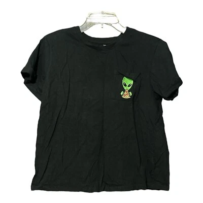 Electric Pink Womens Black Alien Embroidered Weird Crop T Shirt Sz M - Image 1 of 4
