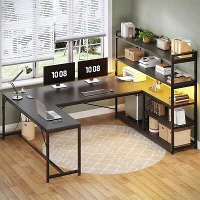 L Shaped Computer Desk, 63" Reversible Office Desk w/Storage Shelves &LED Lights - Image 1 of 4