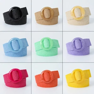 Womens Solid Color Straw Woven Elastic Wide Belt with Matching Round Buckle 90cm - Picture 1 of 20