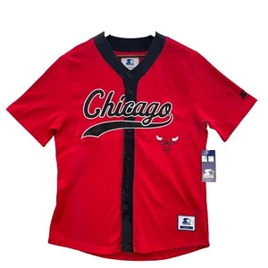 Chicago Bulls Starter Retro Baseball Jersey Men XL Black Red NBA Button Up Shirt - Picture 1 of 9