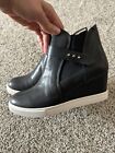 L .Paola  Women?s  Leather Wedge Heel Zip Up Black Ankle Boot Sneaker Sz 7.5