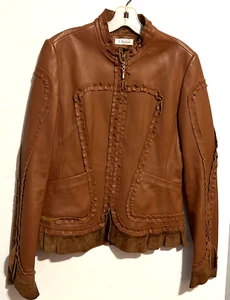 Women's J. Andral Jacket Tan Ruffle Trim Lambskin Soft Leather Suede Trim Large - Picture 1 of 12