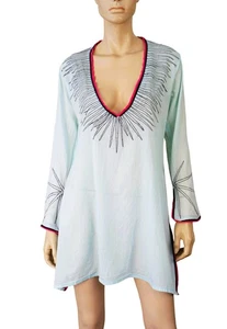 FIGUE sz S  Embroidered Aqua Cotton Voile Tunic Dress Swim Cover Up - Picture 1 of 4