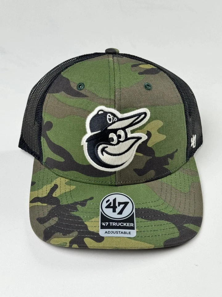 '47 Baltimore Orioles Mens Trucker Snapback Hat Mesh Back Camo Adjustable