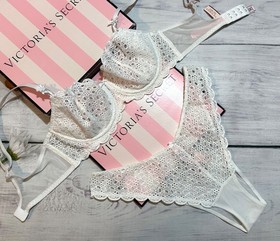 Victoria&rsquo;s Secret Eyelet Lace Unlined Bra Brazilian Panty Set White
