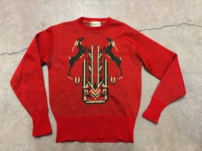 Vintage 50s 1950s Brentwood Picture Knit Wool Novelty Print Sweater 20x25 USA M - Image 1 of 4