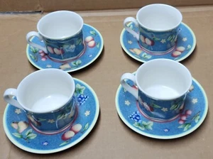 Villeroy & Boch Biella x4 Octagon Mugs & Saucers 6oz Cherry Apple Grape Pear VGC - Picture 1 of 13