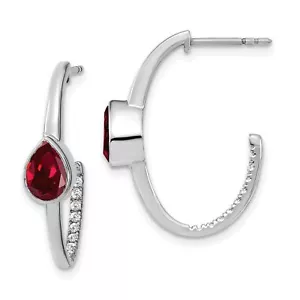 14k White Gold Pear Lab-Created Ruby and Diamond J-Hoop Earrings - Picture 1 of 7
