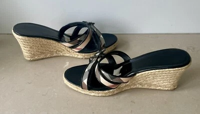 Burberry Black Patent Leather Fiber Nova Check Espadrille Wedge Sandals EU 40 - Image 1 of 4