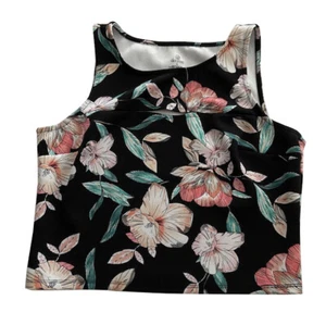 Womens Decree Large Black Floral Crop Tank Top Peekaboo Slit L - Imagen 1 de 5