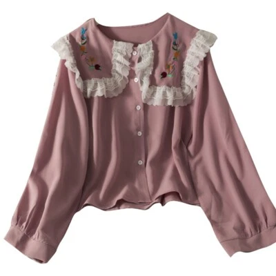 Lady Girl Floral Embroidery Blouse Shirt Lace Trim Ruffle Sailor Collar Tops - Image 1 of 4