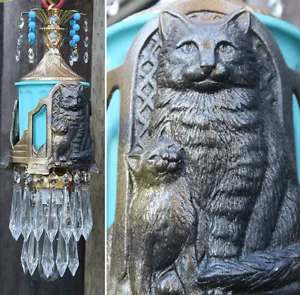 Schwarze Katze Deckenlampe Kronleuchter Messing Tole Glas Türkis Perlen Kristall Deko - Bild 1 von 12