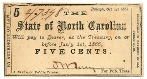 1861 Stato della Carolina del Nord, Raleigh, NC banconota 5c n.47398 CR48 (59499) - Foto 1 di 2