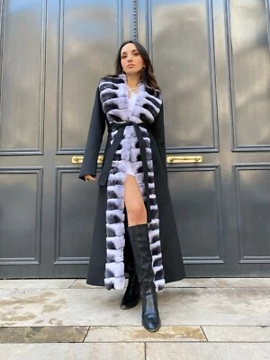 100% Alpaca Women's Winter Coat Rex Rabbit Fur Long Overcoat Soft Stylish Black - Image 1 of 4