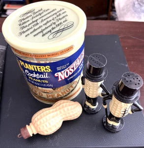 Lot Vtg Mr Peanut Collection Nostalgic Can 1981, Salt/Pepper & Necklace Fob - Picture 1 of 12