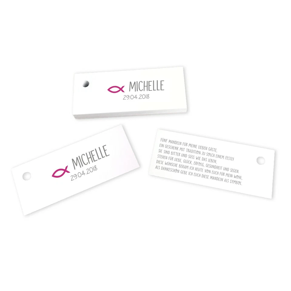 IN DUE 28 Kärtchen Fisch pink personalisiert Gastgeschenke Taufe Kommunion Konfirmation