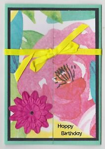 Blank Handmade Greeting Card  ~ HAPPY BIRTHDAY with FLOWERS AND RIBBON