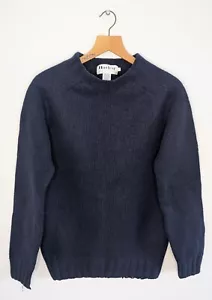 Harley of Scotland Mens Shetland Wool Ribbed Jumper Large Navy Blue - Picture 1 of 9