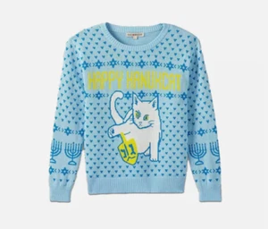 Men's Cat Happy Hanukkah Holiday Ugly  Sweater Kitty Blue 2XL Brand New - Picture 1 of 3