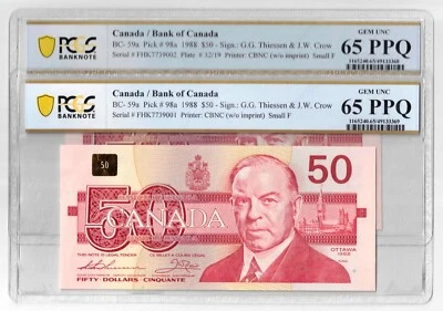 $50 1988 Bank of Canada Note Thiessen-Crow BC-59a - PCGS UNC-65 - 2 Consecutive - Image 1 of 2