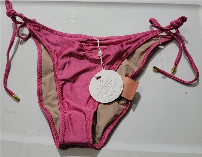 Pilyq L CPK Pink Side-Tie Ruched Full Bikini Swim Bottom 121256