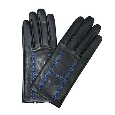 Auth HERMES - Black Blue Leather Women's Gloves - Image 1 of 4