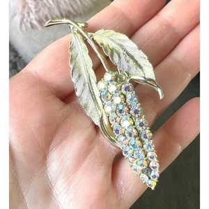 Coro Gold Tone Wheat Stalk/Corn Flower AB Rhinestone Brooch Missing 2 Stones - Picture 1 of 4