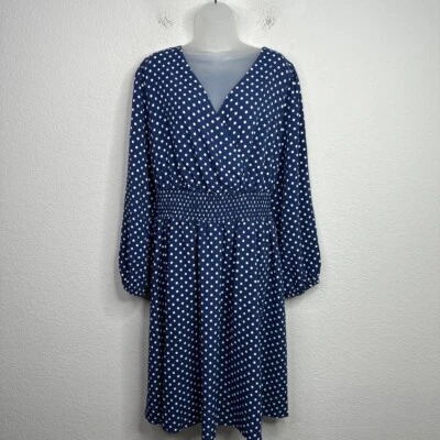 Draper James платье женщин 2 X синий белый горошек длинным рукавом со сборками богемное опрятный - Изображение 1 из 4