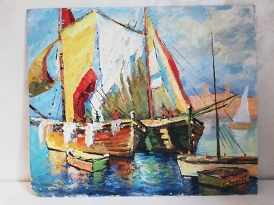 Huile sur panneau Bateaux / Le Vieil Antibes signé C. MANET - Photo 1/4