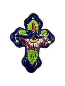 Mexican Talavera Wall Cross 6" Dark Blue Trim - Picture 1 of 4