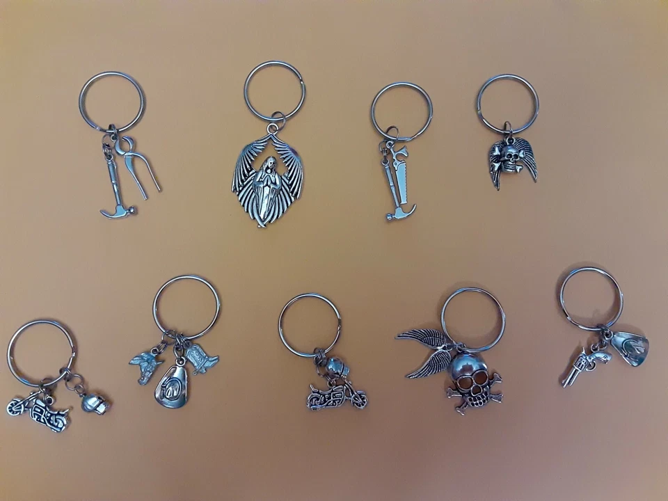 MEN'S SILVER TONE KEY CHAINS - SKULL, WESTERN, MOTORCYCLE, & CONSTRUCTION - Image 1 of 1
