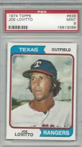 1974 Topps baseball card #639 Joe Lovitto, Texas Rangers graded PSA 9 - Imagen 1 de 1