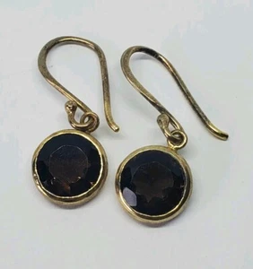 Pendientes colgantes de bisel redondo de cuarzo ahumado oro plata esterlina - Imagen 1 de 6