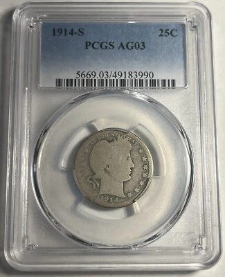 1914-S BARBER SILVER QUARTER GRADED PCGS AG3  - Image 1 of 2