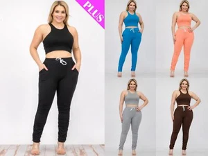 Women's Plus Crop Tank Top & Ruched Pants Fitness Workout Yoga Set (1X,2X,3X) - Picture 1 of 32