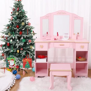 Wood Children Girls Vanity Dressing Makeup Table Set Stool w/Drawer & Mirror US - Picture 1 of 15