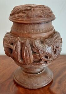 Indochina Teak Hardwood Dragon Carved Tea Caddy Tobacco Canister Oriental 