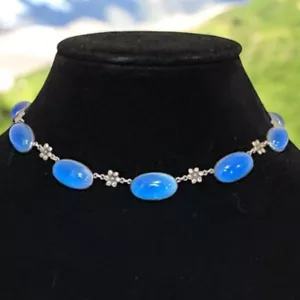Art Deco Sterling Silver Blue Faux Moonstone Glass Flower Choker Necklace 14” - Picture 1 of 10