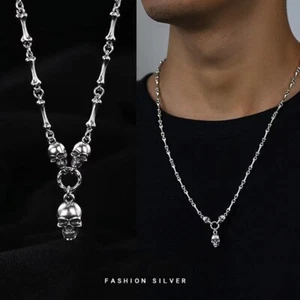 Retro 925 Silver Skull Pendant Bone Necklace Ghost Head Clavicle Chain Necklace - Picture 1 of 9