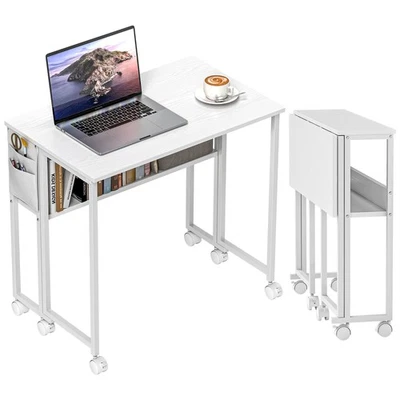 HOMCOM 80 cm Foldable Computer Desk on Wheels for Small Spaces White - Image 1 of 4