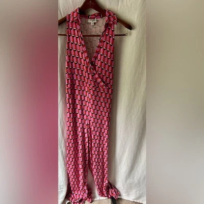 Diane Von Furstenberg Pink & Red Geometric Jumpsuit XL Tie Waist 70s - Image 1 of 4