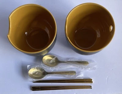 Lucky VIP Ceramic Ramen Bowls w/ Gold Spoons Chopsticks Yaamava Pair NIB - Image 1 of 4