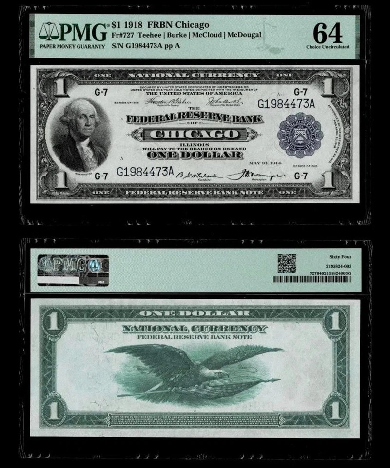 1918 $1 Large Size FRBN PMG 64 CH UNC Stunning Bright Sharp No Staining Note #74 - Image 1 of 1