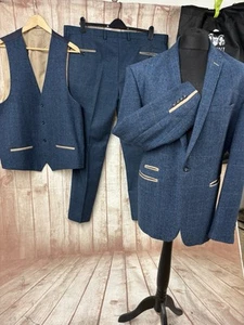 Marc Darcy Dion 3 Piece Tweed Suit Navy Blue Red Slim 52” Jacket W44 W46 - Picture 1 of 24
