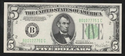 Billete de 5 dólares de la Reserva Federal de Nueva York de 1934-C frn 1959-B 0154 Foto 1 de 2