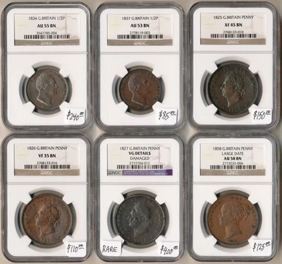 💥6 BRITISH PENNIES & 1/2 PENNIES (1825-58) ALL NGC 💥CV $1110⚡️NR &FREE SHIP⚡️ - Image 1 of 3
