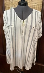 Flower & Feather Damen Bluse Stretch gestreift 1/4 Zip Top schwarz Gr. 3XL - Bild 1 von 3