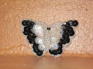 Vintage Butterfly Pin Applique Sequins Black Pink Blue - Picture 1 of 4